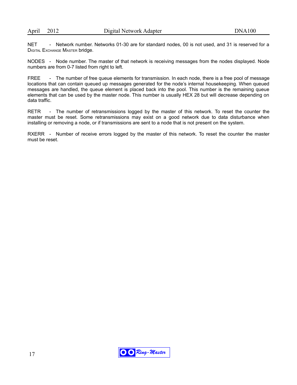 Ring-master | Ring Communications DNA100 User Manual | Page 21 / 28