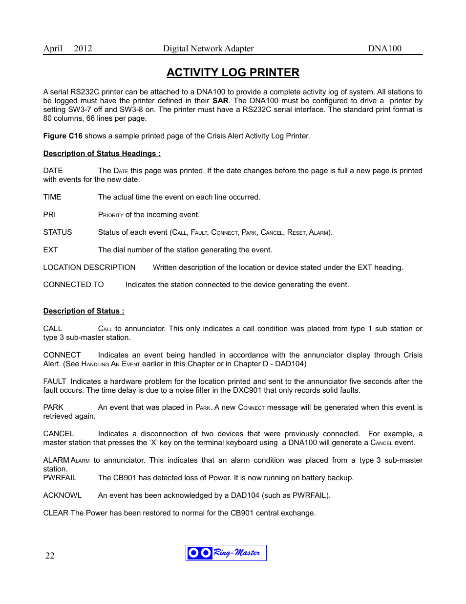 Activity log printer, Ring-master | Ring Communications DNA100 User Manual | Page 26 / 28