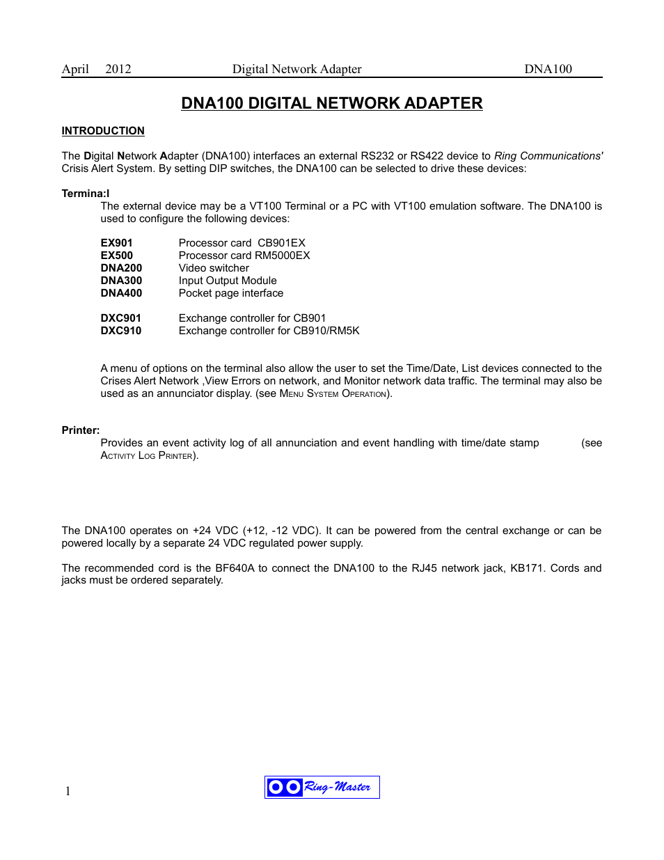 Dna100 digital network adapter, Ring-master | Ring Communications DNA100 User Manual | Page 5 / 28