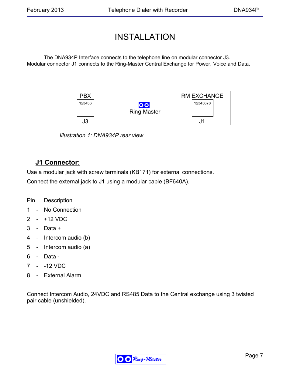 J1 connector, Installation | Ring Communications DNA934P User Manual | Page 7 / 15