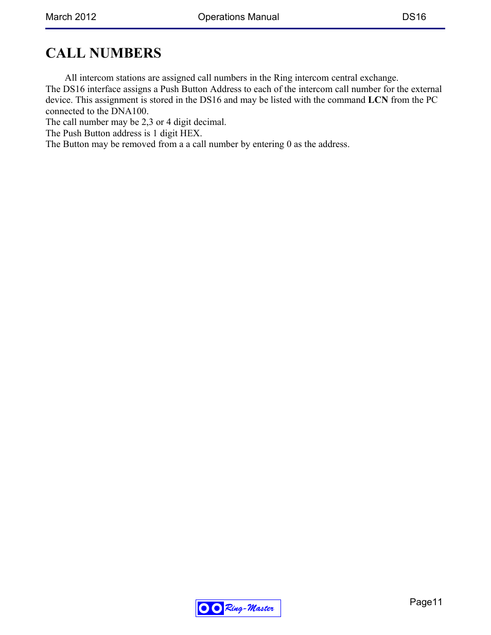 Call numbers | Ring Communications DS16 OPERATIONS MANUAL User Manual | Page 11 / 13