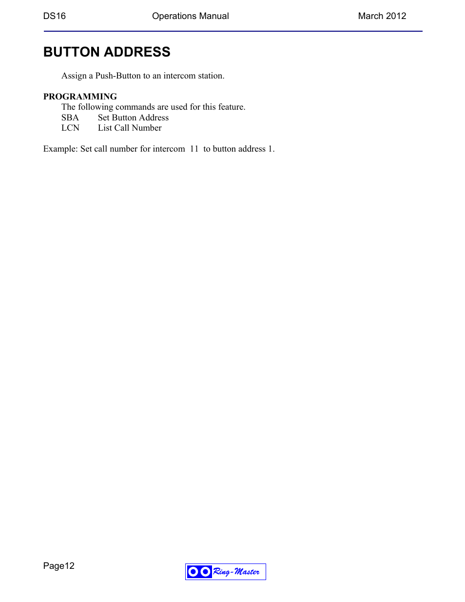 Button address | Ring Communications DS16 OPERATIONS MANUAL User Manual | Page 12 / 13
