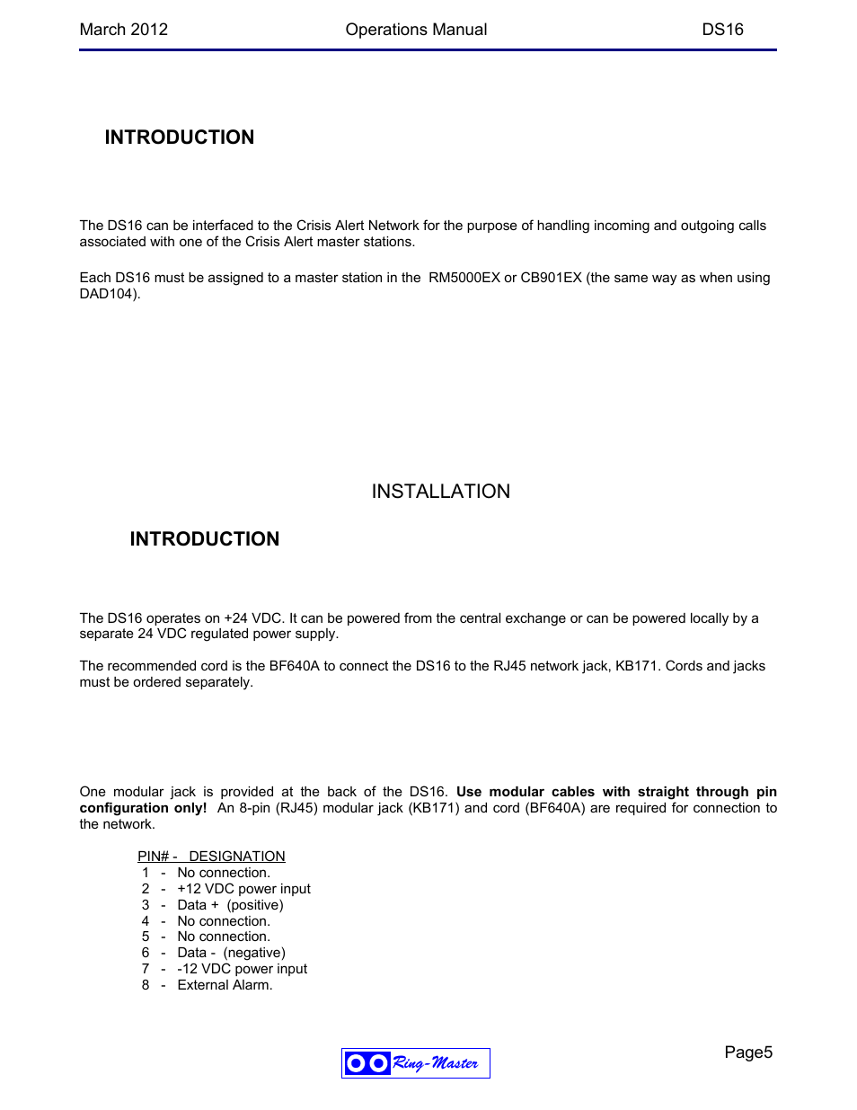 Introduction, Installation, Installation introduction | Ring Communications DS16 OPERATIONS MANUAL User Manual | Page 5 / 13