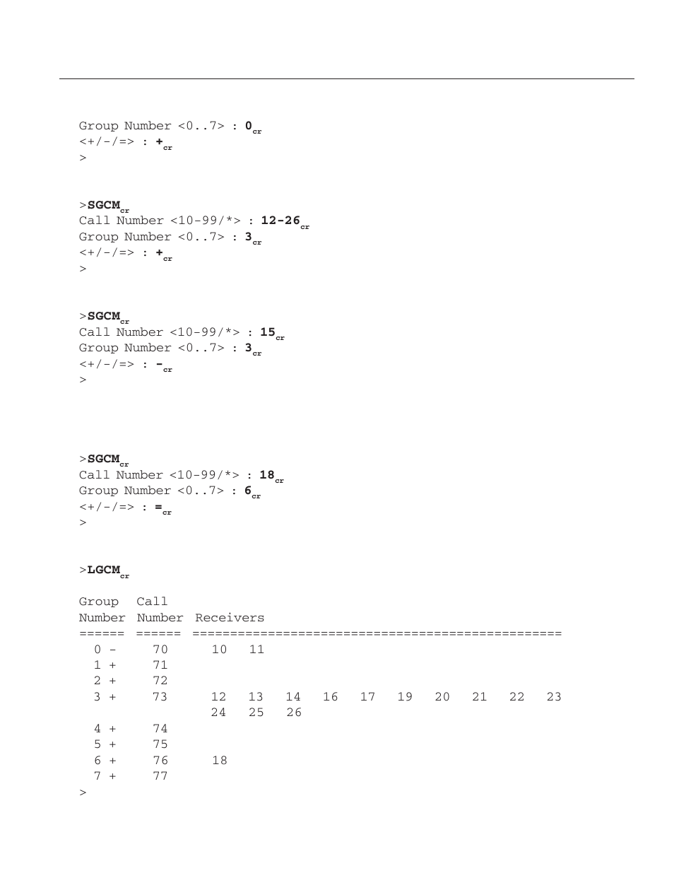 Group number <0 > : 0, Group number <0 > : 3, Group number <0 > : 6 | Display the result of example 1 - 4. > lgcm | Ring Communications DXC910 User Manual | Page 29 / 36