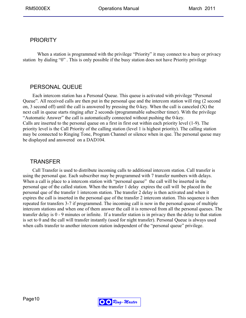 Priority, Personal queue, Transfer | Ring Communications RM5000EX User Manual | Page 10 / 46