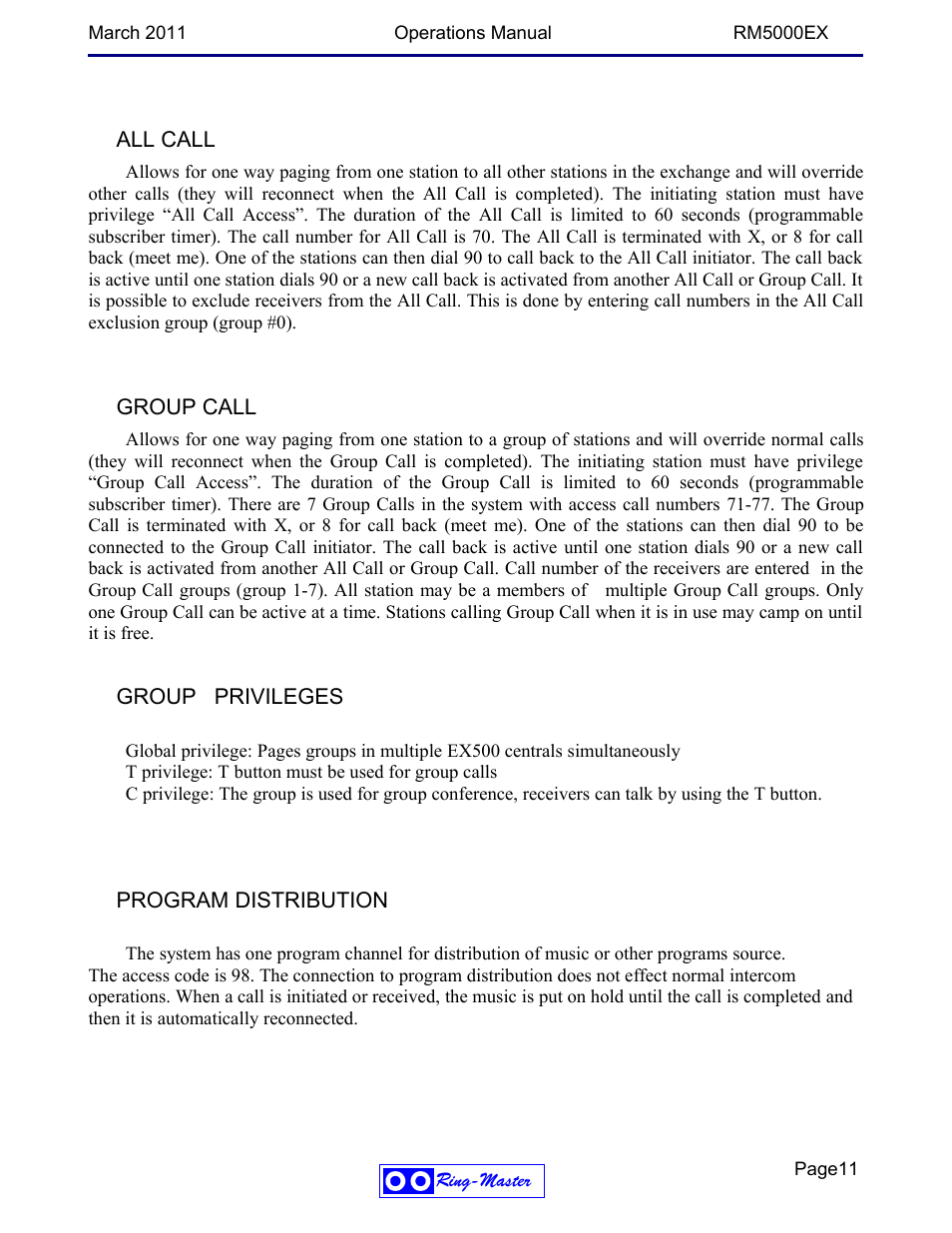 All call, Group call, Group privileges | Program distribution | Ring Communications RM5000EX User Manual | Page 11 / 46