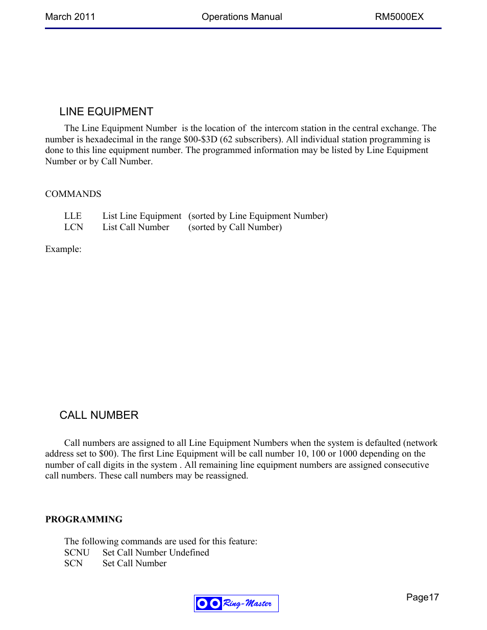 Line equipment, Call number | Ring Communications RM5000EX User Manual | Page 17 / 46