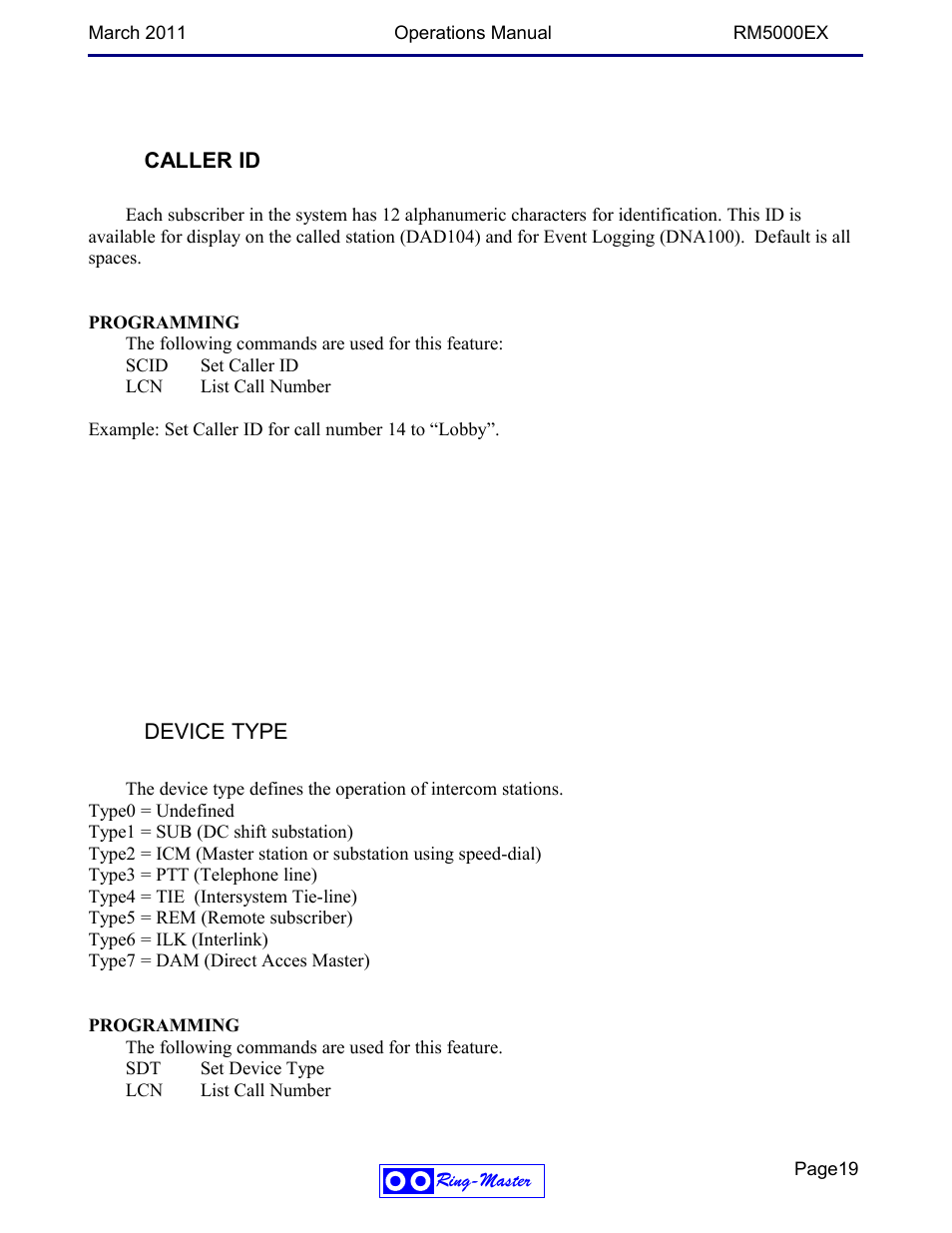 Caller id, Device type | Ring Communications RM5000EX User Manual | Page 19 / 46