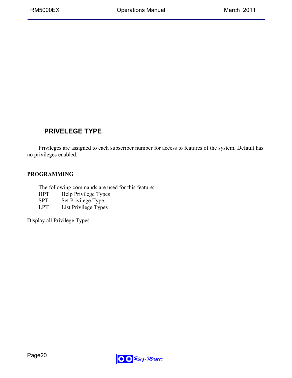 Privelege type | Ring Communications RM5000EX User Manual | Page 20 / 46