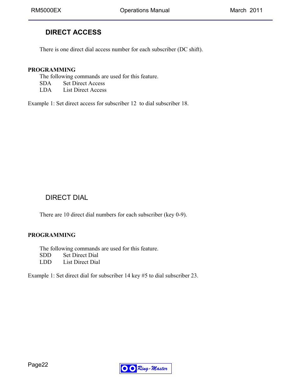 Direct access, Direct dial | Ring Communications RM5000EX User Manual | Page 22 / 46