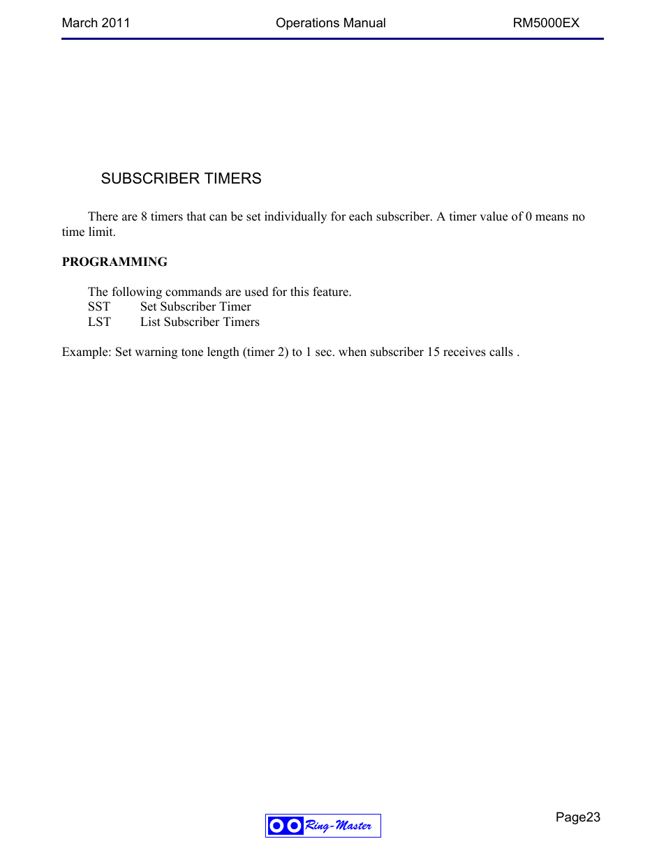 Subscriber timers | Ring Communications RM5000EX User Manual | Page 23 / 46