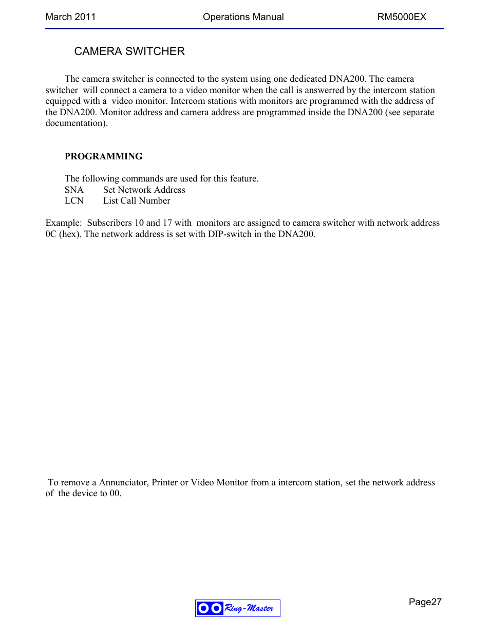 Camera switcher | Ring Communications RM5000EX User Manual | Page 27 / 46
