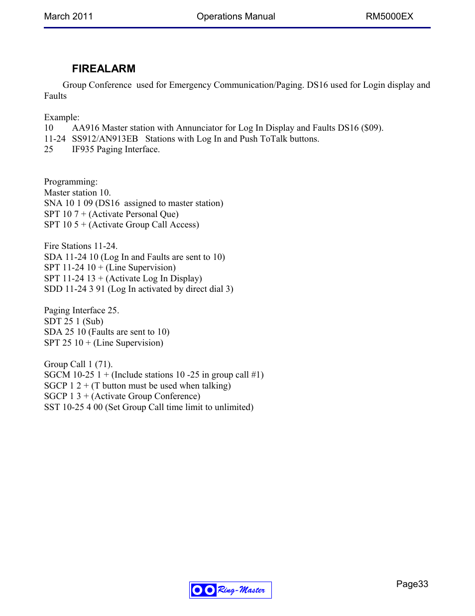 Firealarm | Ring Communications RM5000EX User Manual | Page 33 / 46