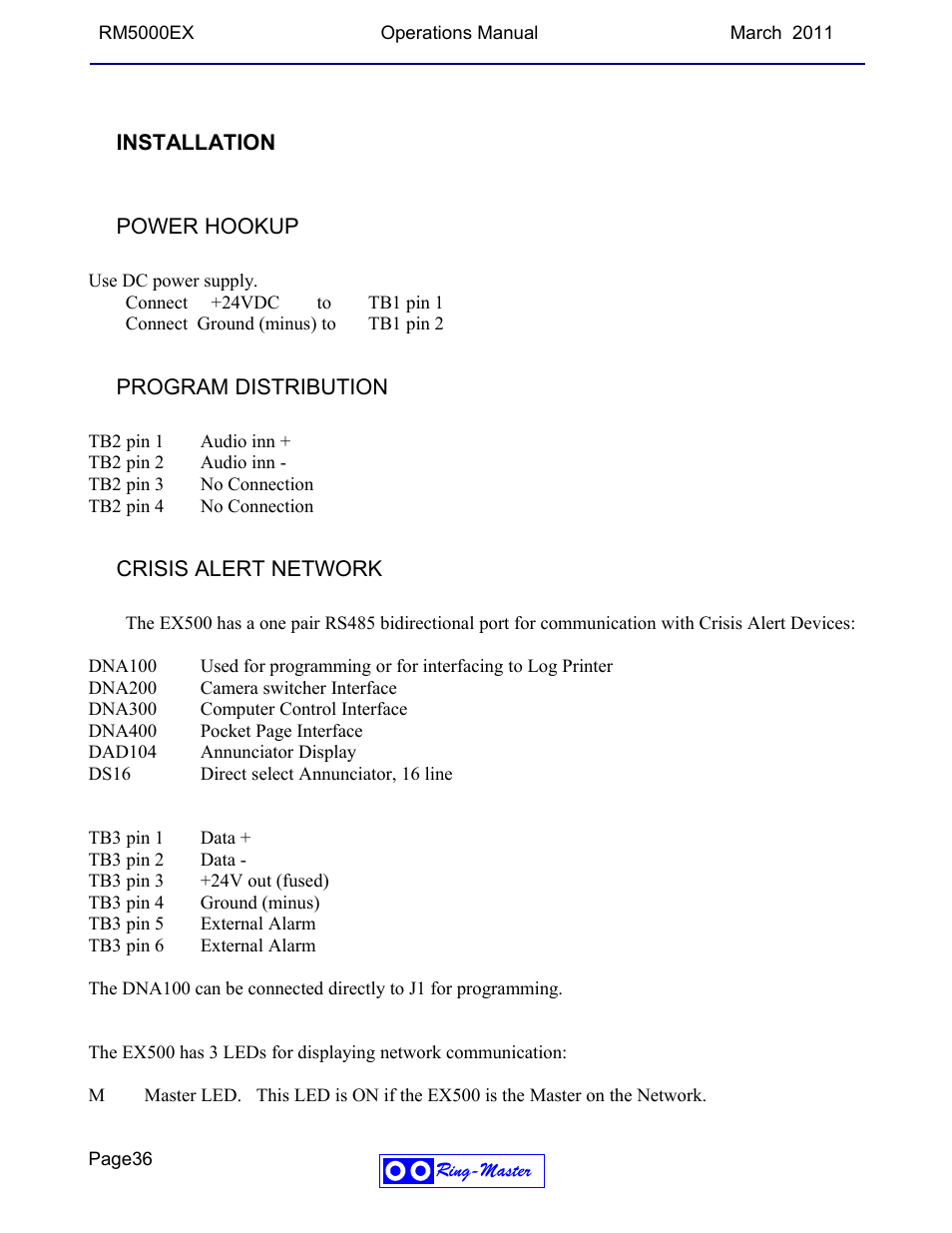 Installation, Power hookup, Program distribution | Crisis alert network | Ring Communications RM5000EX User Manual | Page 36 / 46