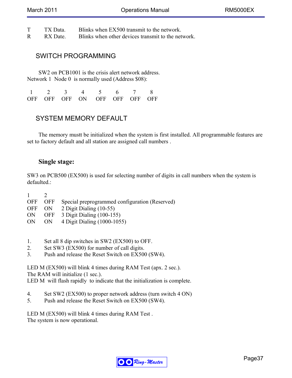 Switch programming, System memory default | Ring Communications RM5000EX User Manual | Page 37 / 46
