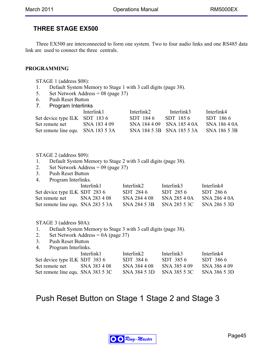 Three stage ex500, Push reset button on stage 1 stage 2 and stage 3 | Ring Communications RM5000EX User Manual | Page 45 / 46