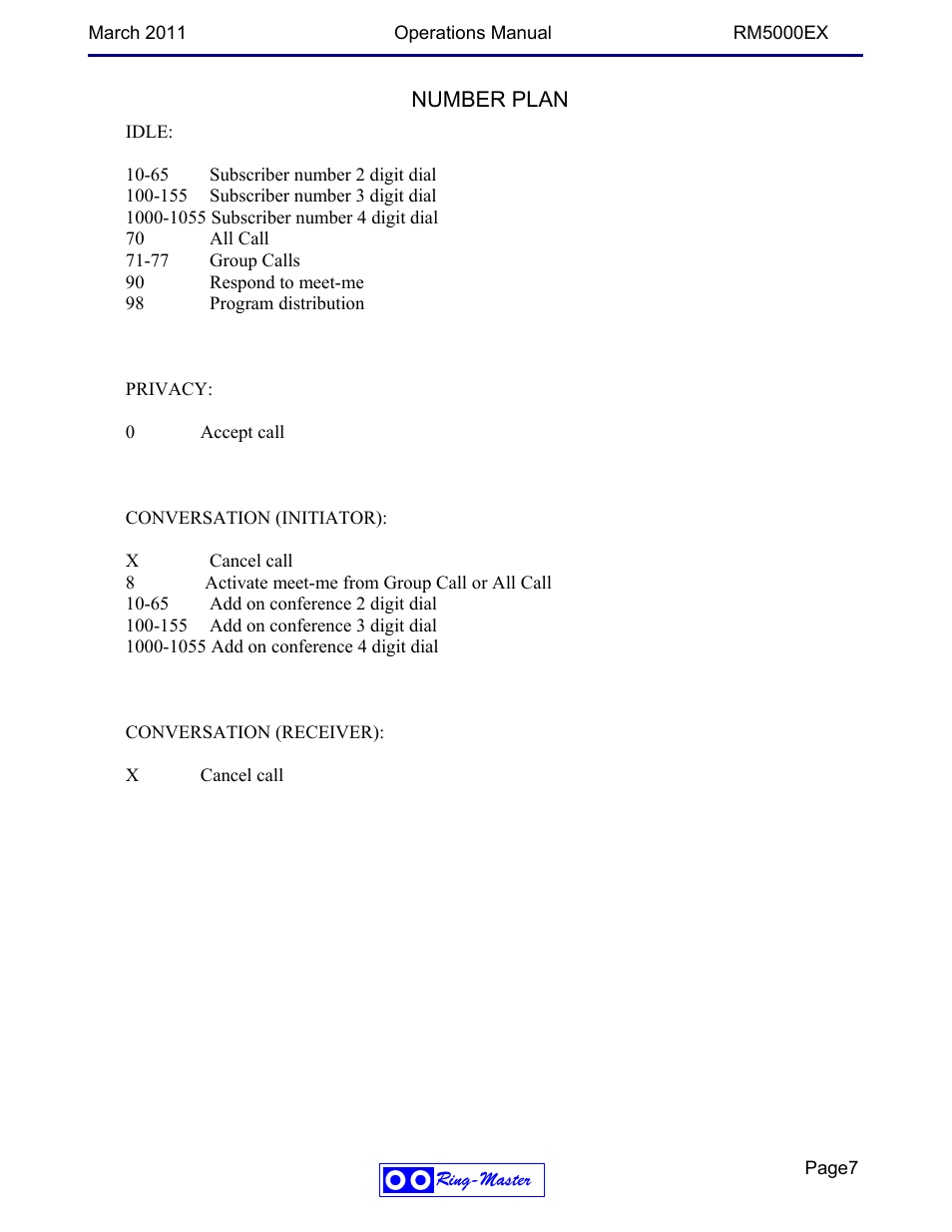 Number plan | Ring Communications RM5000EX User Manual | Page 7 / 46