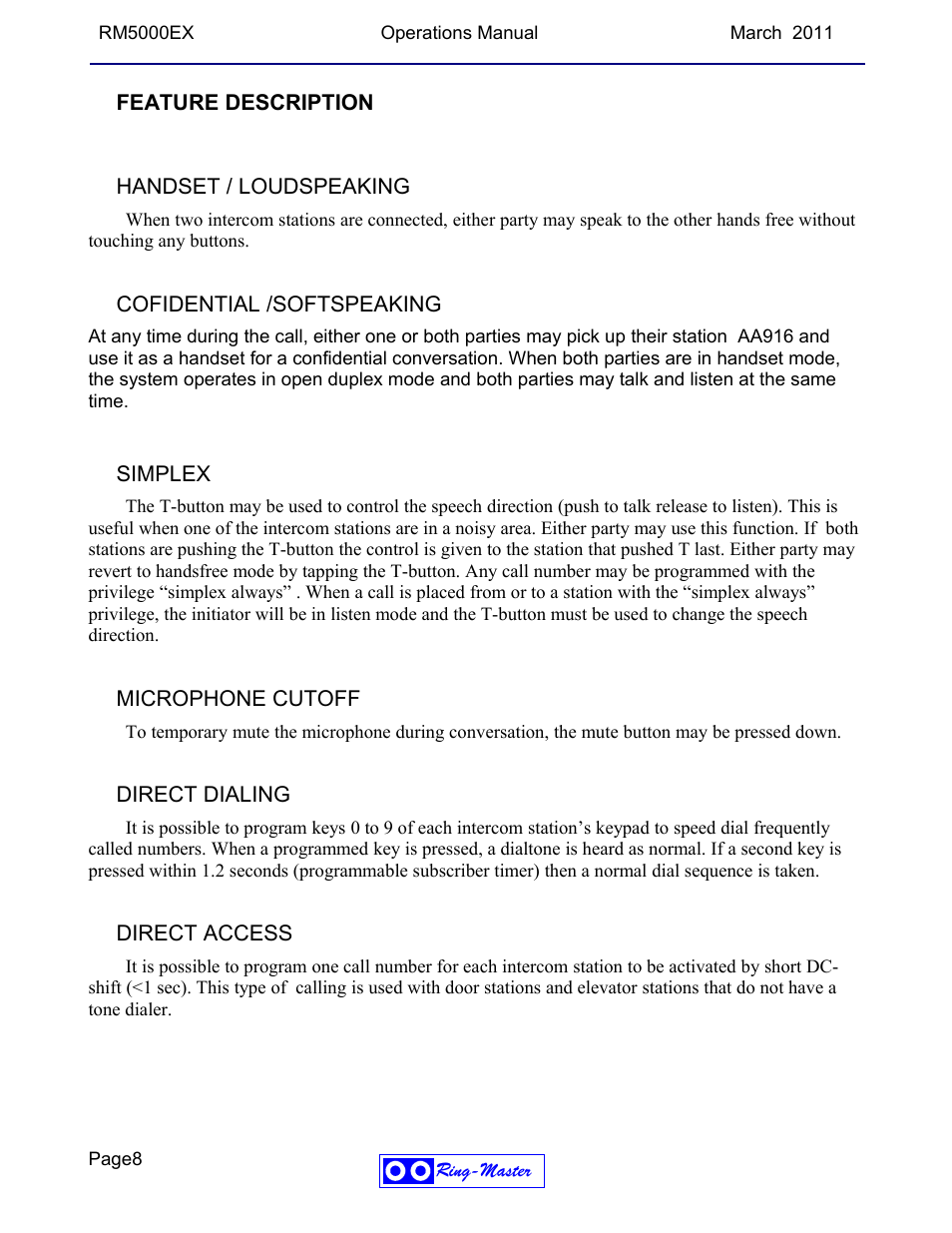 Feature description, Handset / loudspeaking, Cofidential /softspeaking | Simplex, Microphone cutoff, Direct dialing, Direct access | Ring Communications RM5000EX User Manual | Page 8 / 46