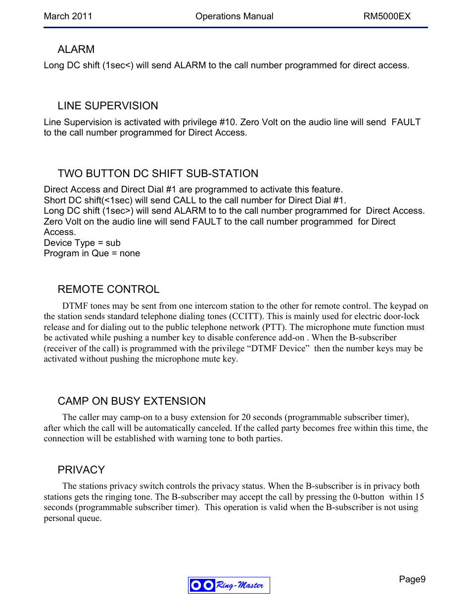 Alarm, Line supervision, Two button dc shift sub-station | Remote control, Camp on busy extension, Privacy | Ring Communications RM5000EX User Manual | Page 9 / 46