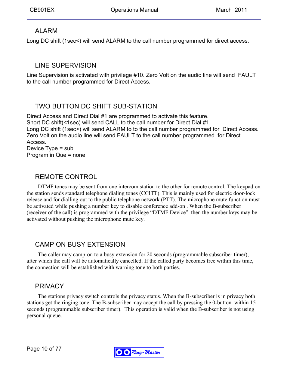 Alarm, Line supervision, Two button dc shift sub-station | Remote control, Camp on busy extension, Privacy | Ring Communications CB901EX User Manual | Page 10 / 77