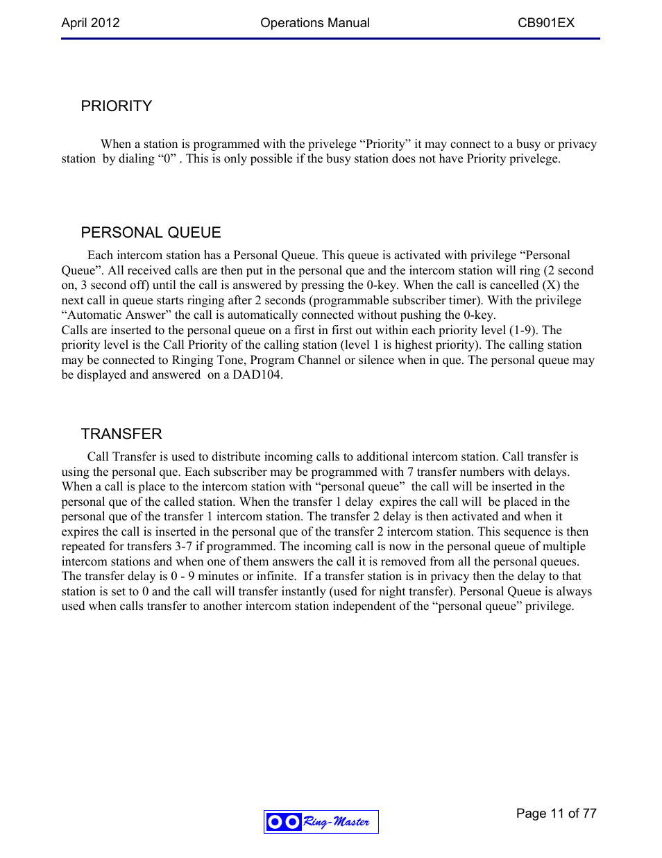 Priority, Personal queue, Transfer | Ring Communications CB901EX User Manual | Page 11 / 77