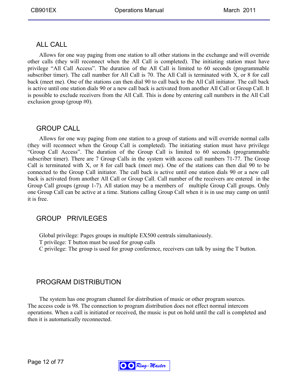 All call, Group call, Group privileges | Program distribution | Ring Communications CB901EX User Manual | Page 12 / 77