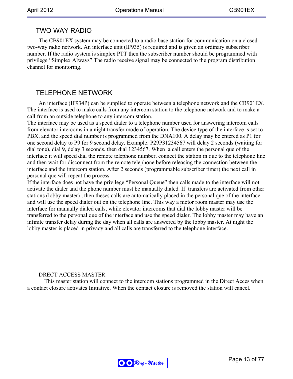 Two way radio, Telephone network | Ring Communications CB901EX User Manual | Page 13 / 77