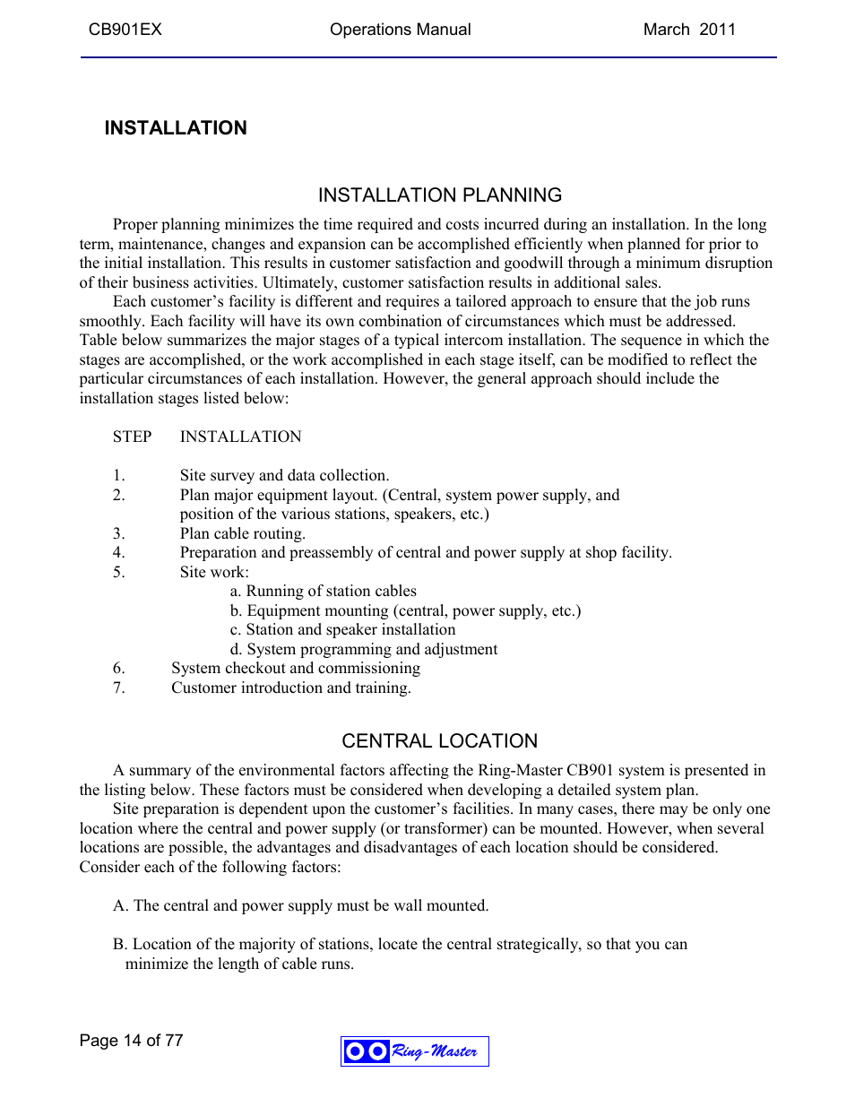 Installation, Installation planning, Central location | Ring Communications CB901EX User Manual | Page 14 / 77