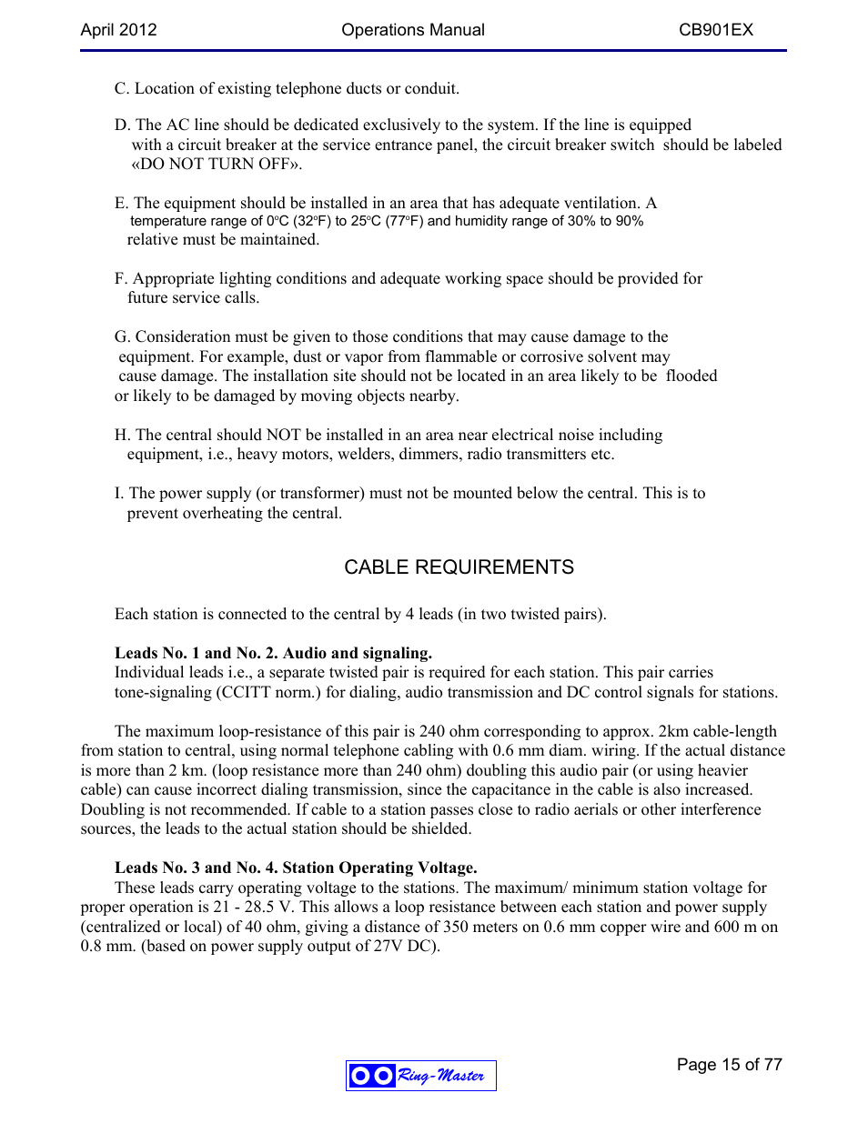 Cable requirements | Ring Communications CB901EX User Manual | Page 15 / 77