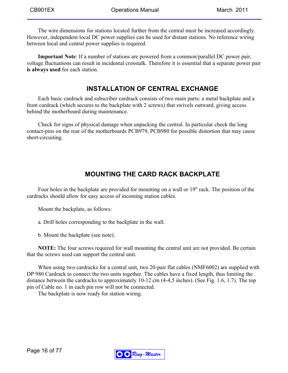 Installation of central exchange, Mounting the card rack backplate | Ring Communications CB901EX User Manual | Page 16 / 77