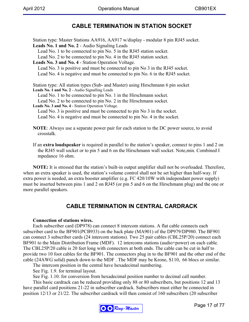 Cable termination in station socket, Cable termination in central cardrack | Ring Communications CB901EX User Manual | Page 17 / 77