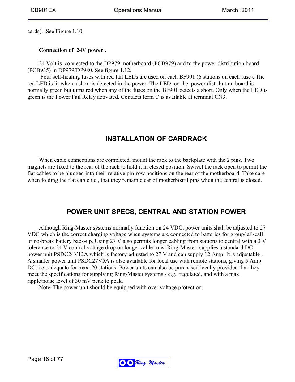 Installation of cardrack, Power unit specs, central and station power | Ring Communications CB901EX User Manual | Page 18 / 77