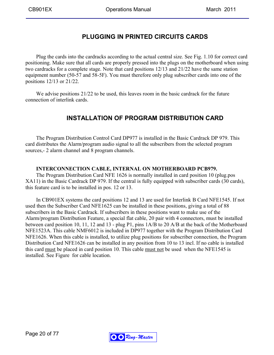 Plugging in printed circuits cards, Installation of program distribution card | Ring Communications CB901EX User Manual | Page 20 / 77