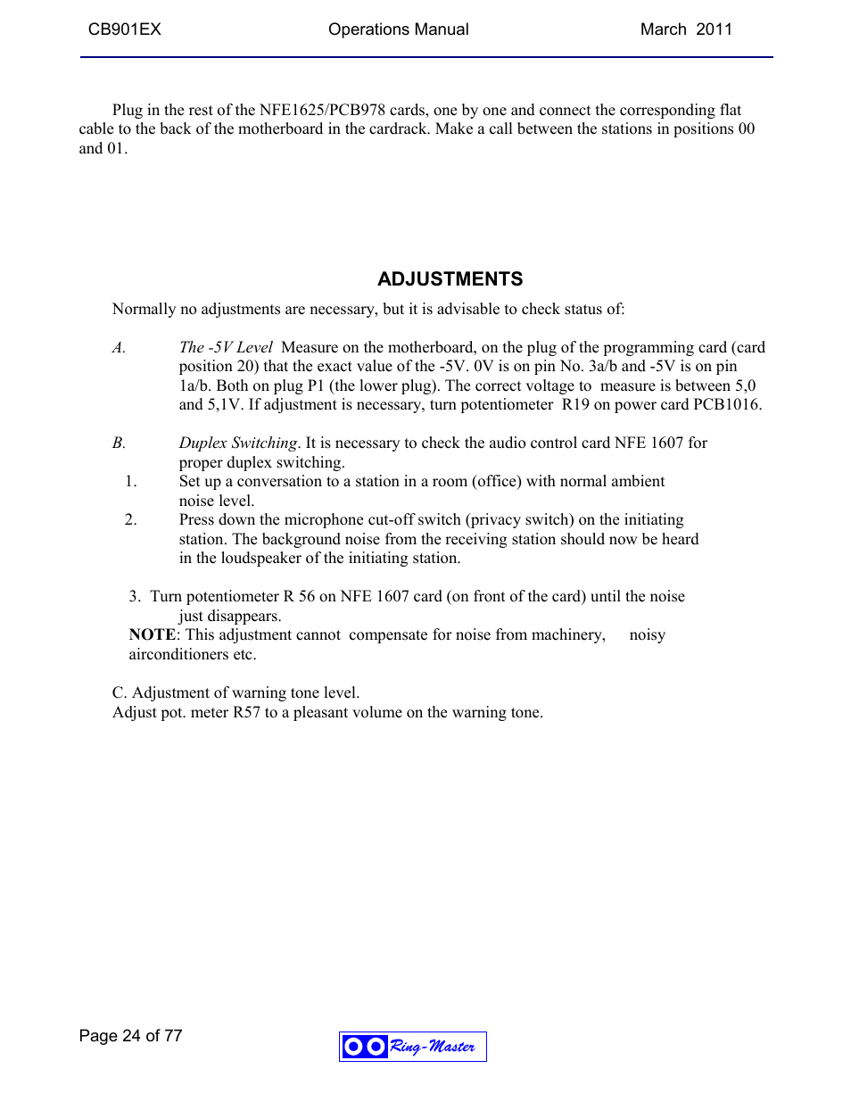 Adjustments | Ring Communications CB901EX User Manual | Page 24 / 77