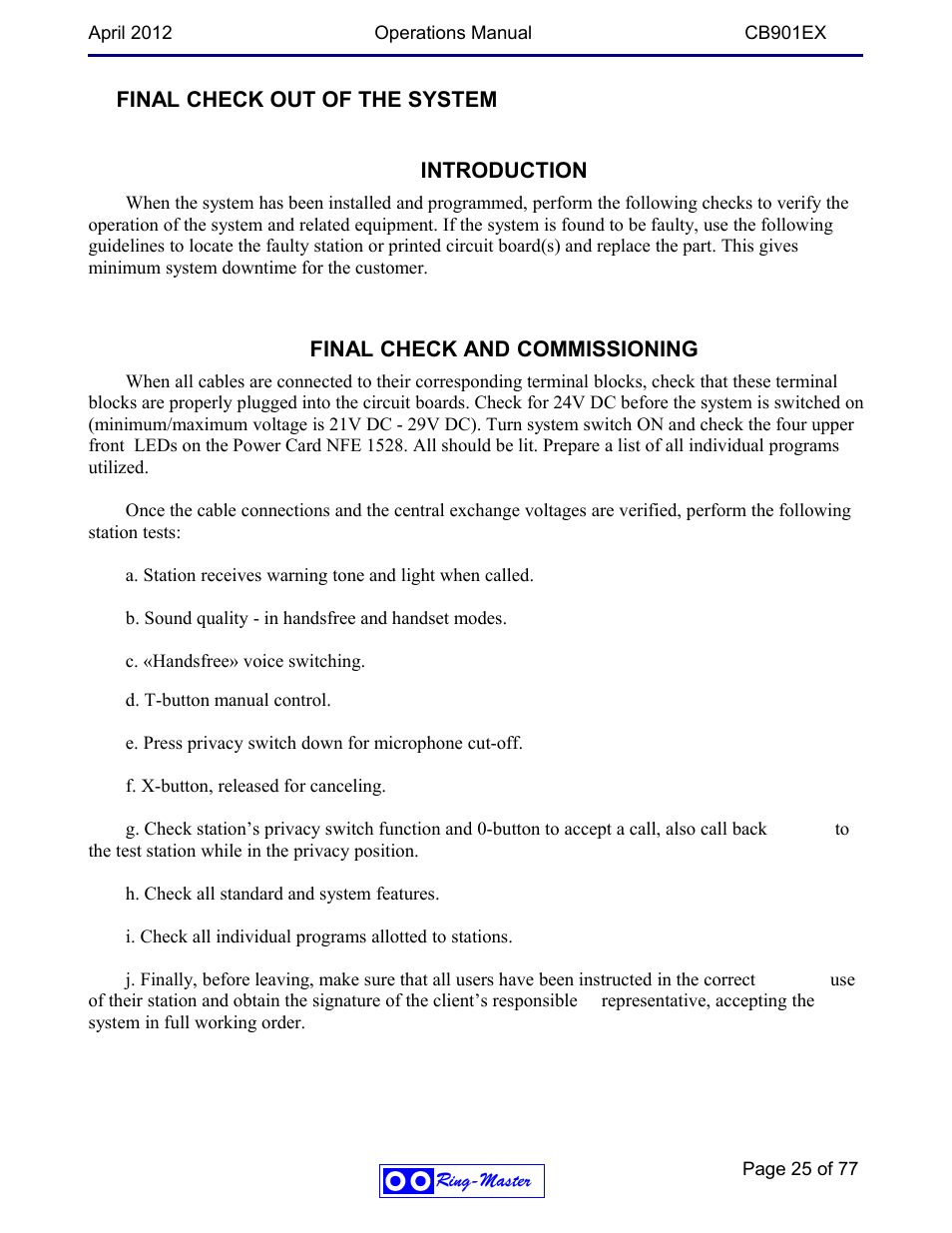 Final check out of the system, Introduction, Final check and commissioning | Ring Communications CB901EX User Manual | Page 25 / 77