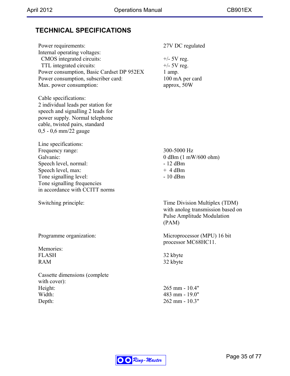 Technical specifications | Ring Communications CB901EX User Manual | Page 35 / 77