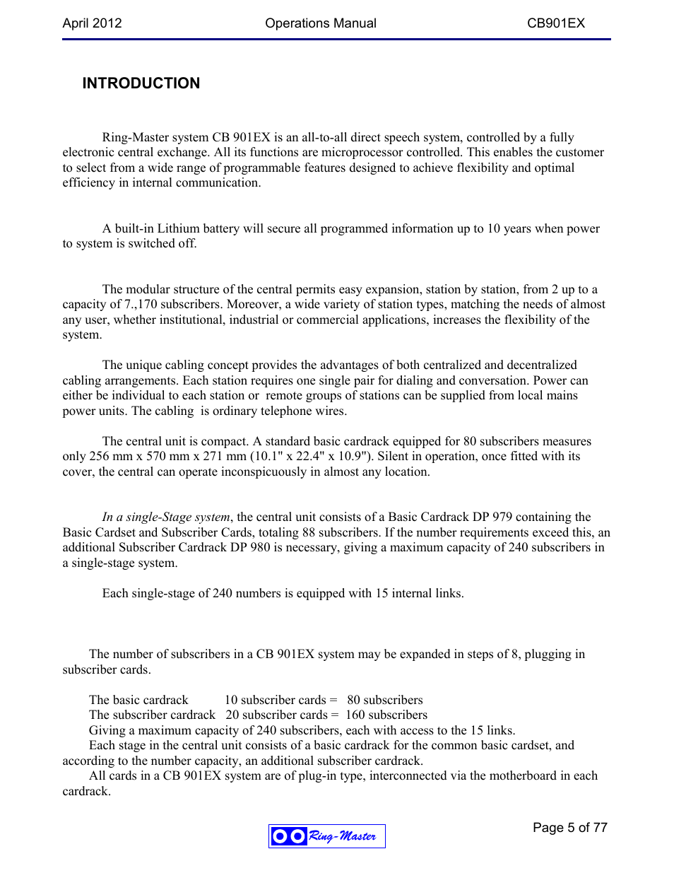 Introduction | Ring Communications CB901EX User Manual | Page 5 / 77