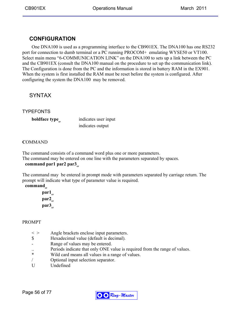 Configuration, Syntax | Ring Communications CB901EX User Manual | Page 56 / 77