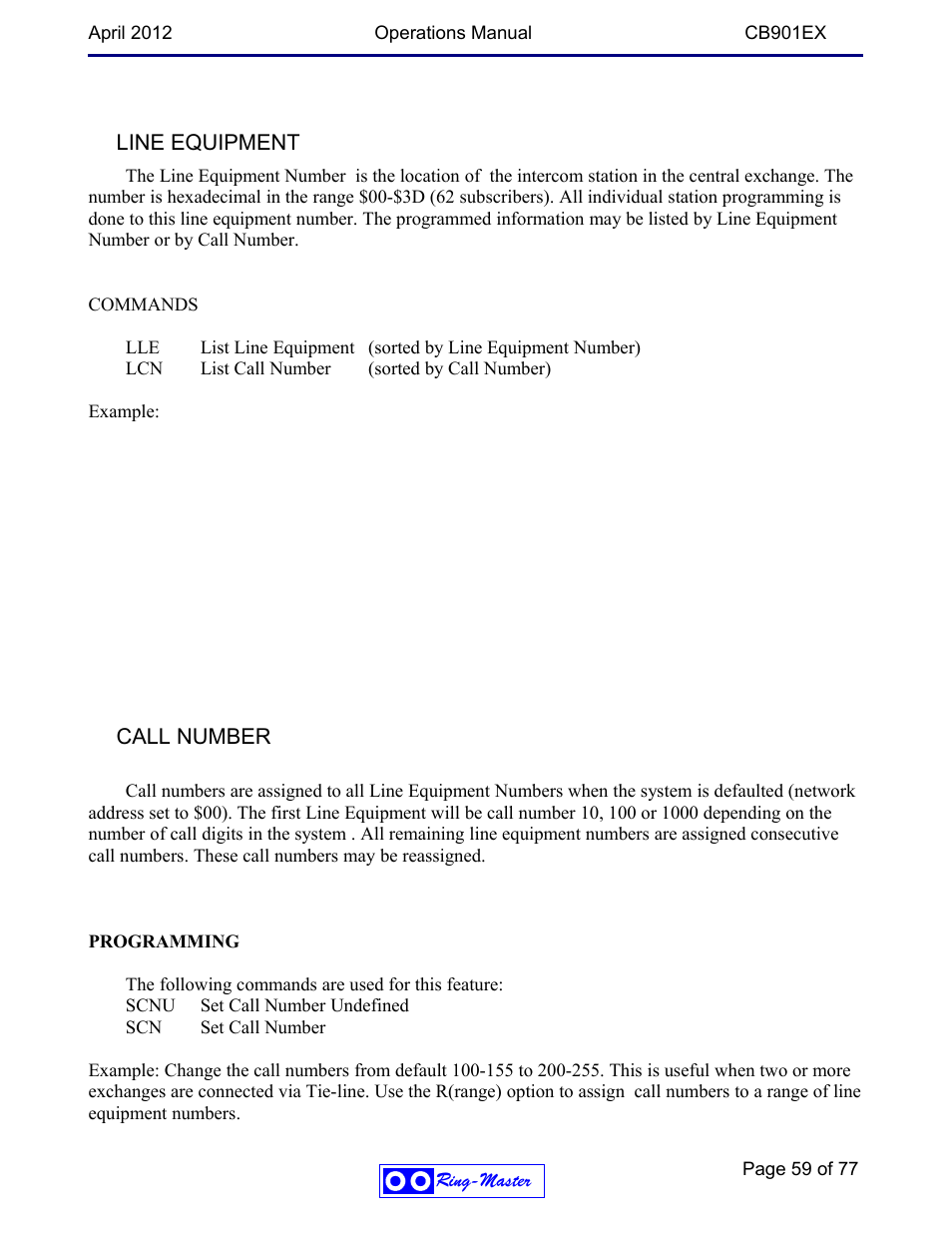 Line equipment, Call number | Ring Communications CB901EX User Manual | Page 59 / 77
