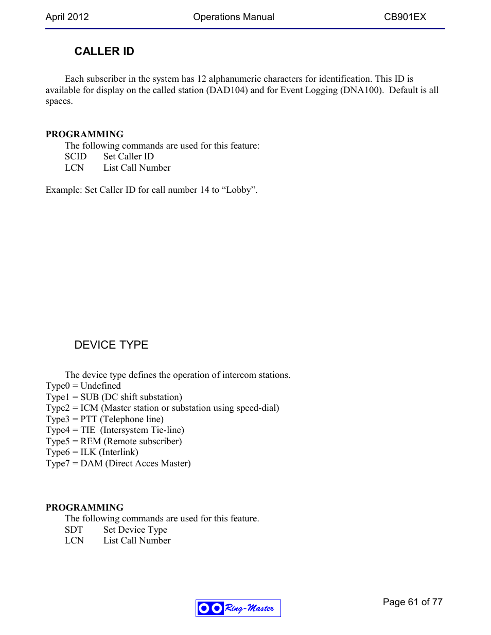 Caller id, Device type | Ring Communications CB901EX User Manual | Page 61 / 77