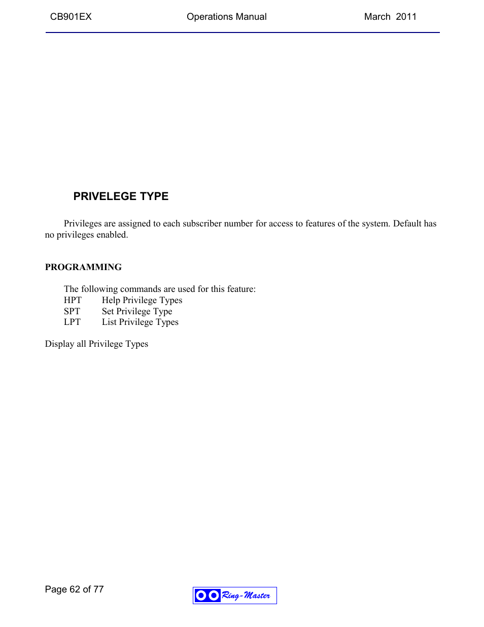 Privelege type | Ring Communications CB901EX User Manual | Page 62 / 77