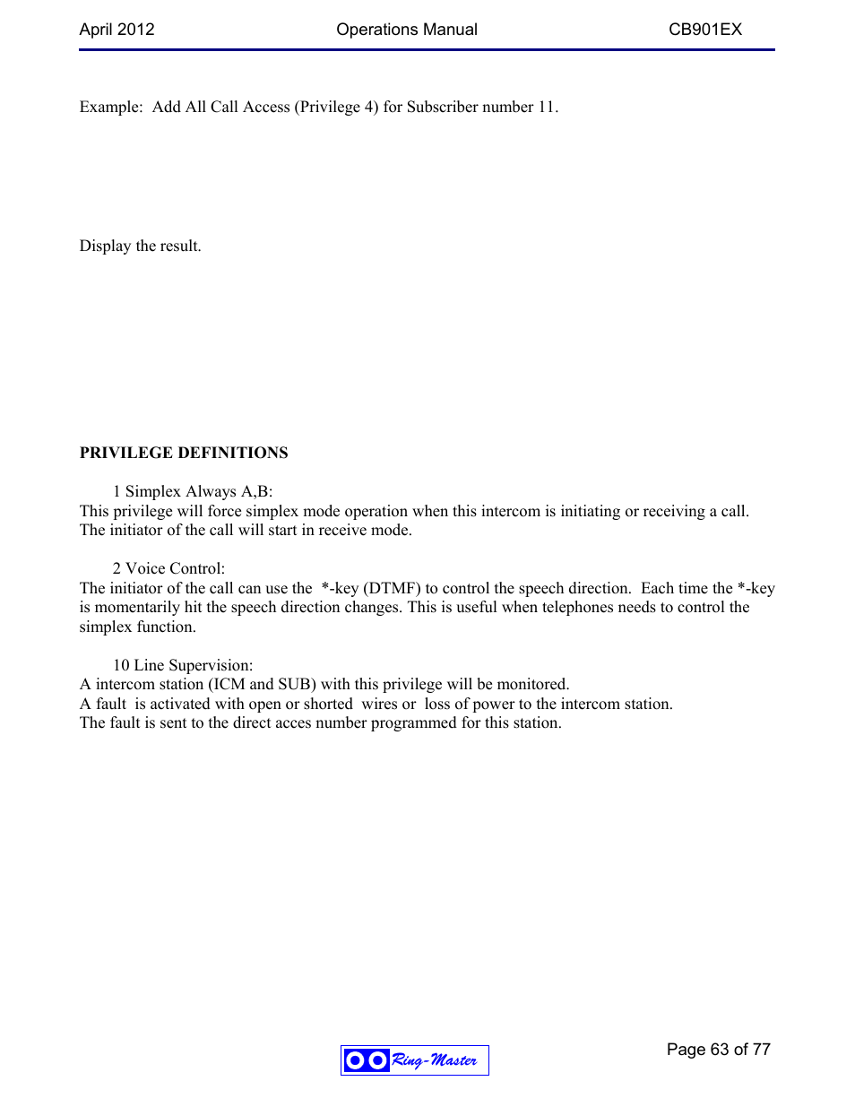 Ring Communications CB901EX User Manual | Page 63 / 77