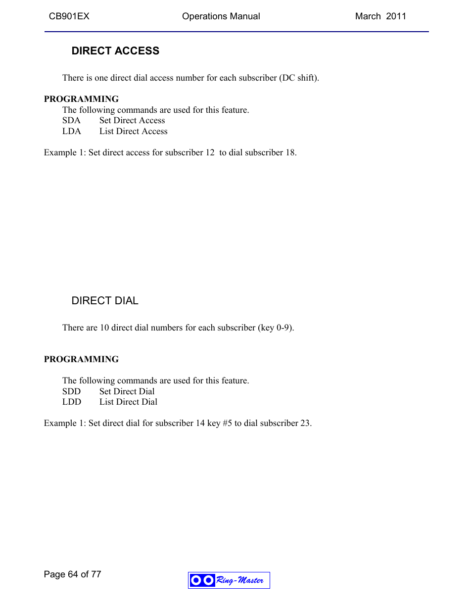 Direct access, Direct dial | Ring Communications CB901EX User Manual | Page 64 / 77