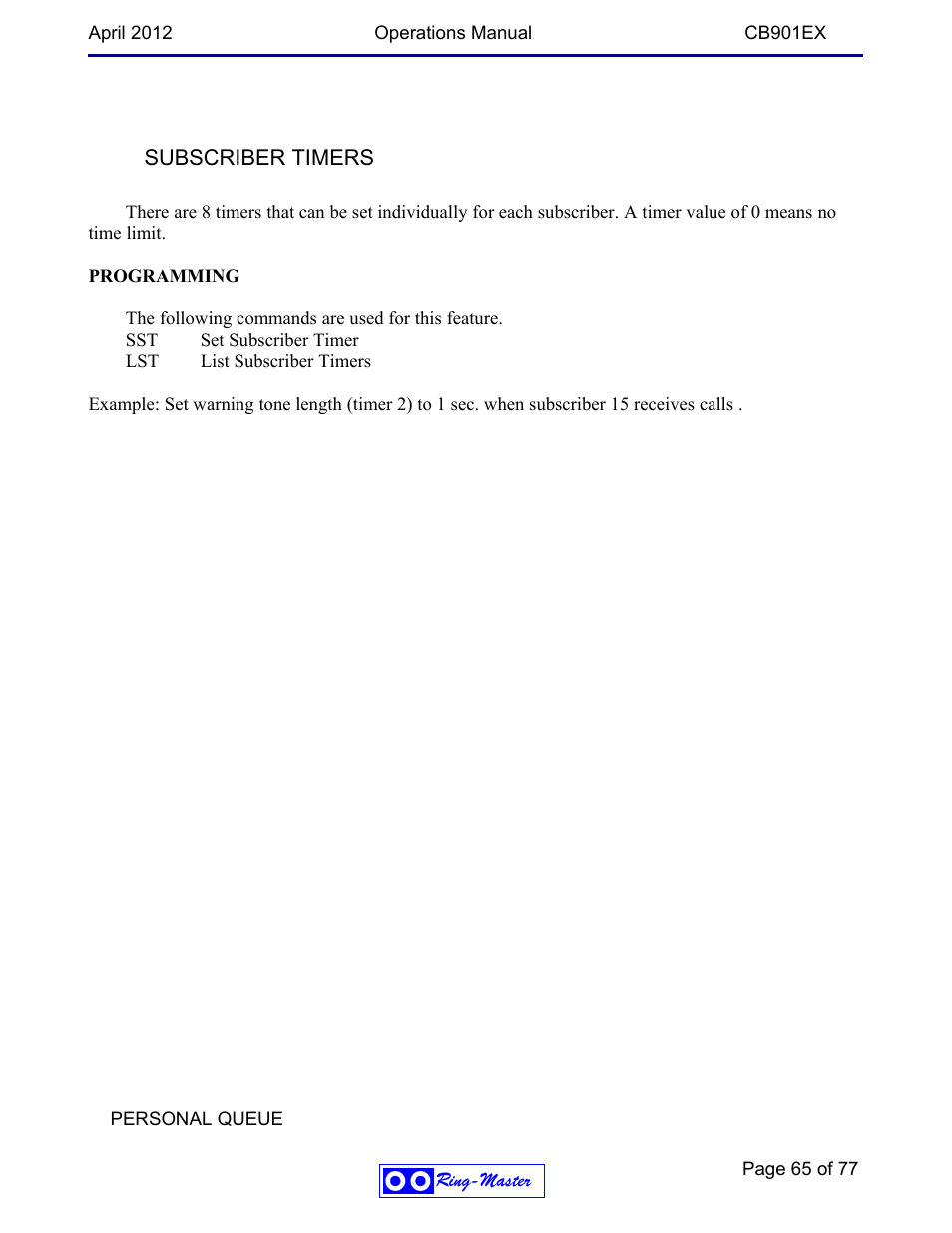 Subscriber timers | Ring Communications CB901EX User Manual | Page 65 / 77