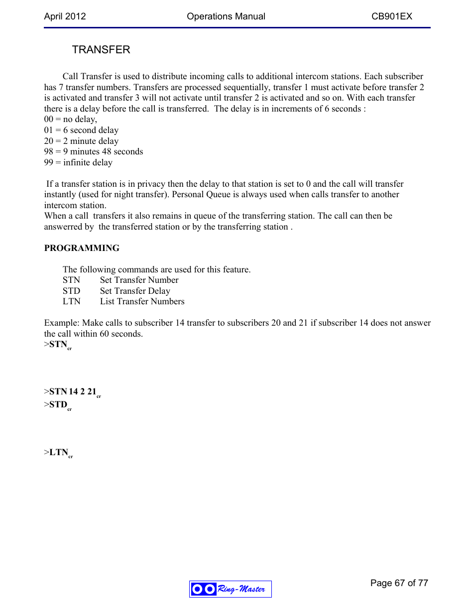 Transfer | Ring Communications CB901EX User Manual | Page 67 / 77