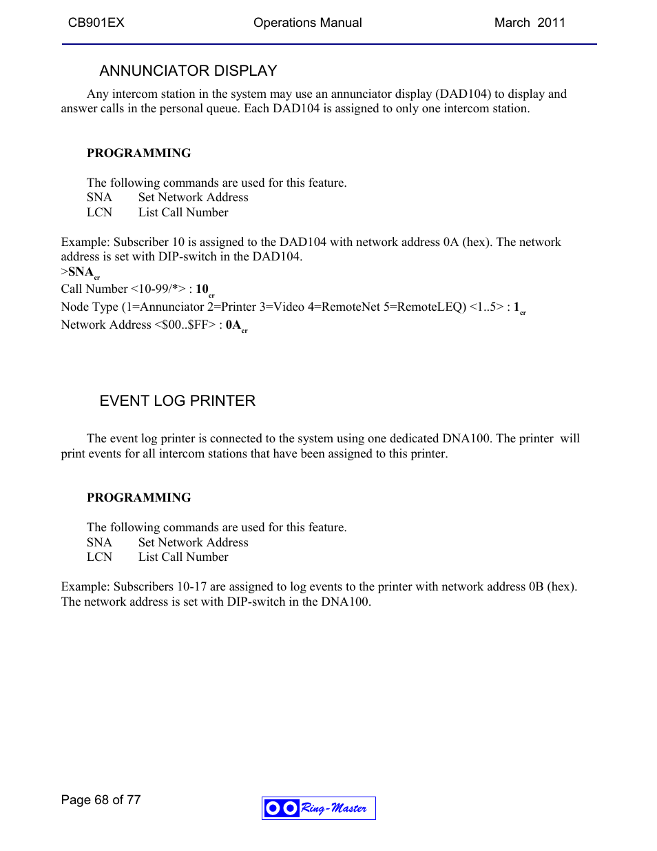 Annunciator display, Event log printer | Ring Communications CB901EX User Manual | Page 68 / 77