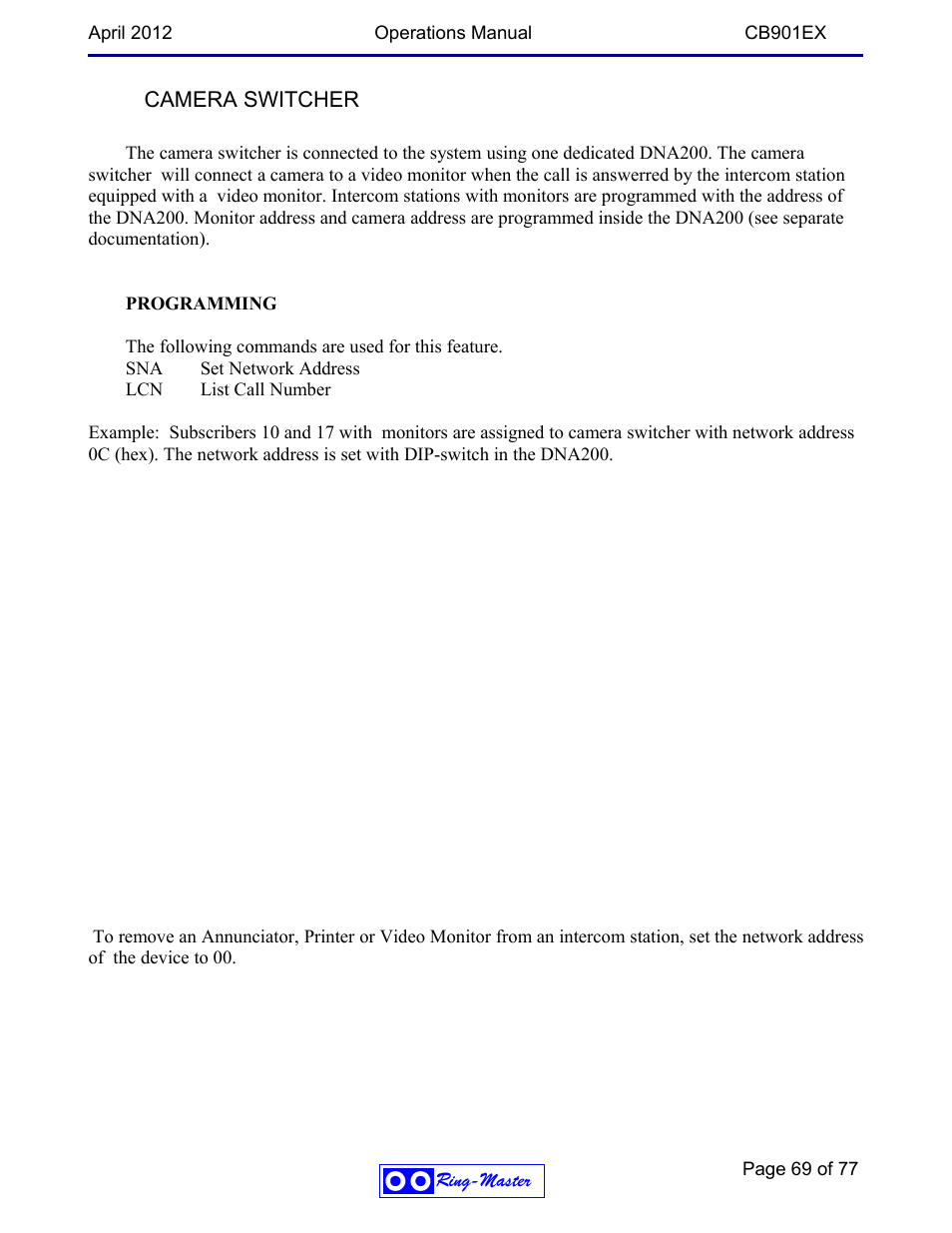 Camera switcher | Ring Communications CB901EX User Manual | Page 69 / 77