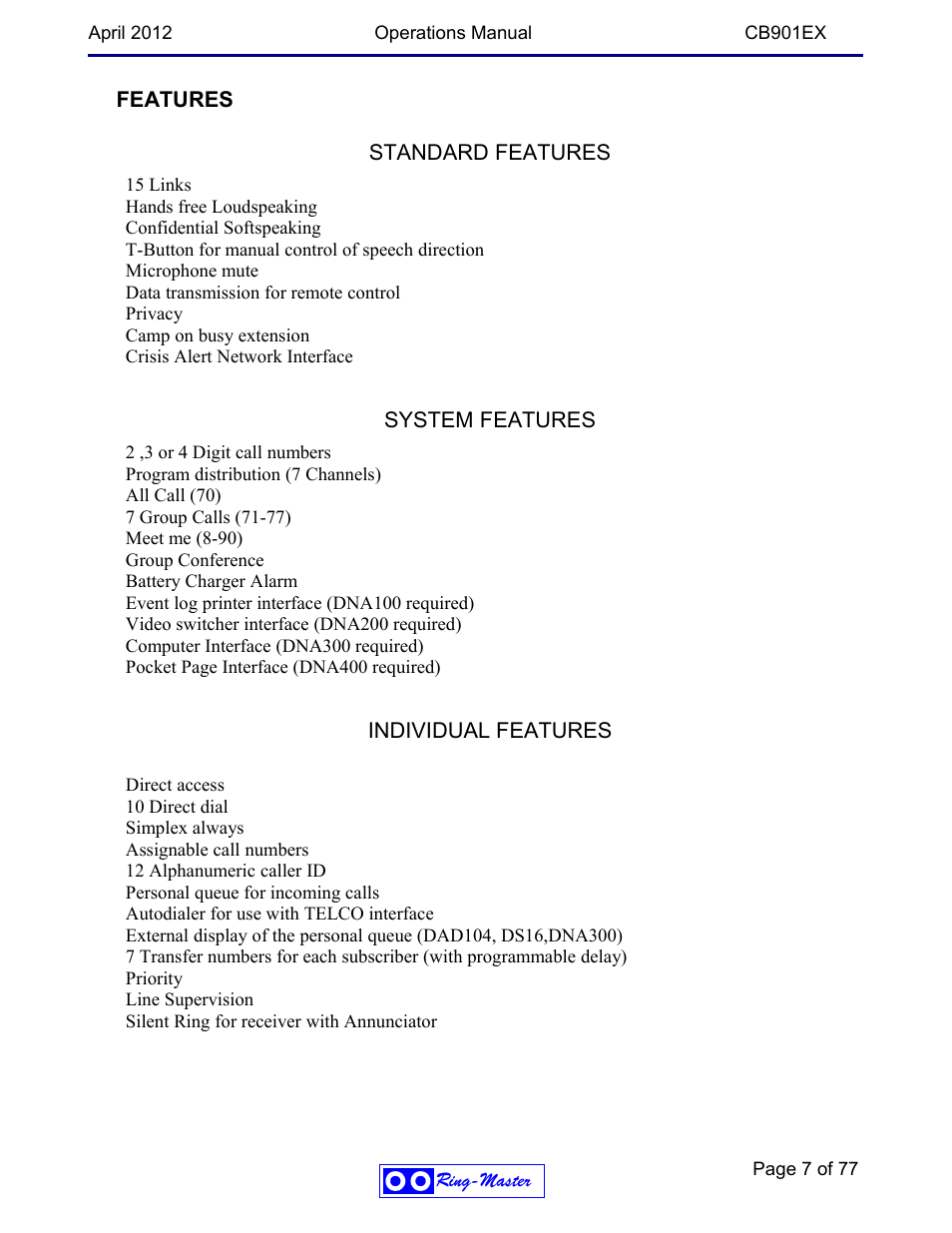 Features, Standard features, System features | Individual features | Ring Communications CB901EX User Manual | Page 7 / 77
