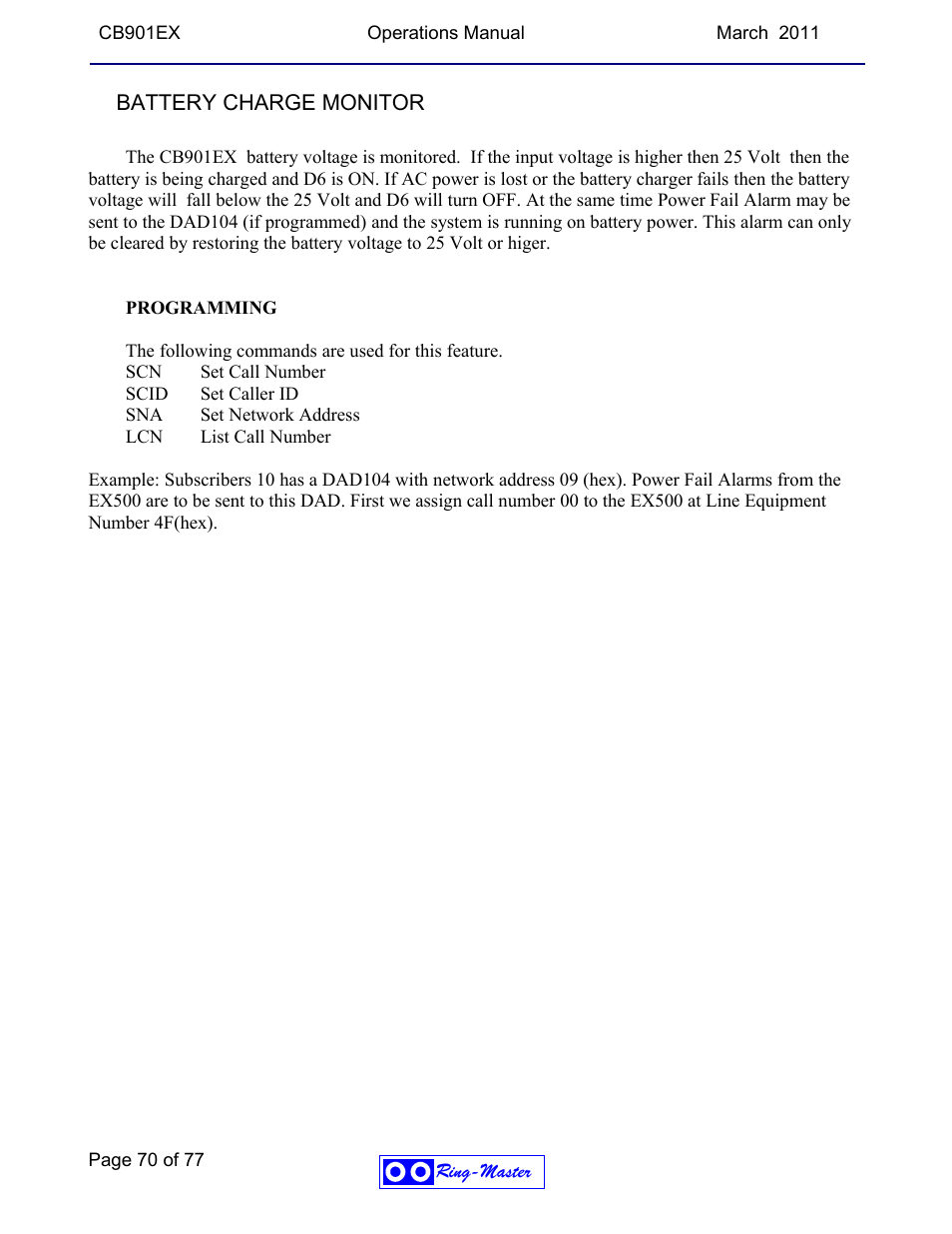 Battery charge monitor | Ring Communications CB901EX User Manual | Page 70 / 77