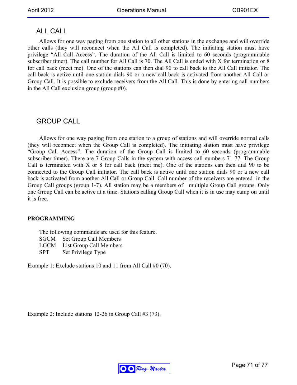 All call, Group call | Ring Communications CB901EX User Manual | Page 71 / 77